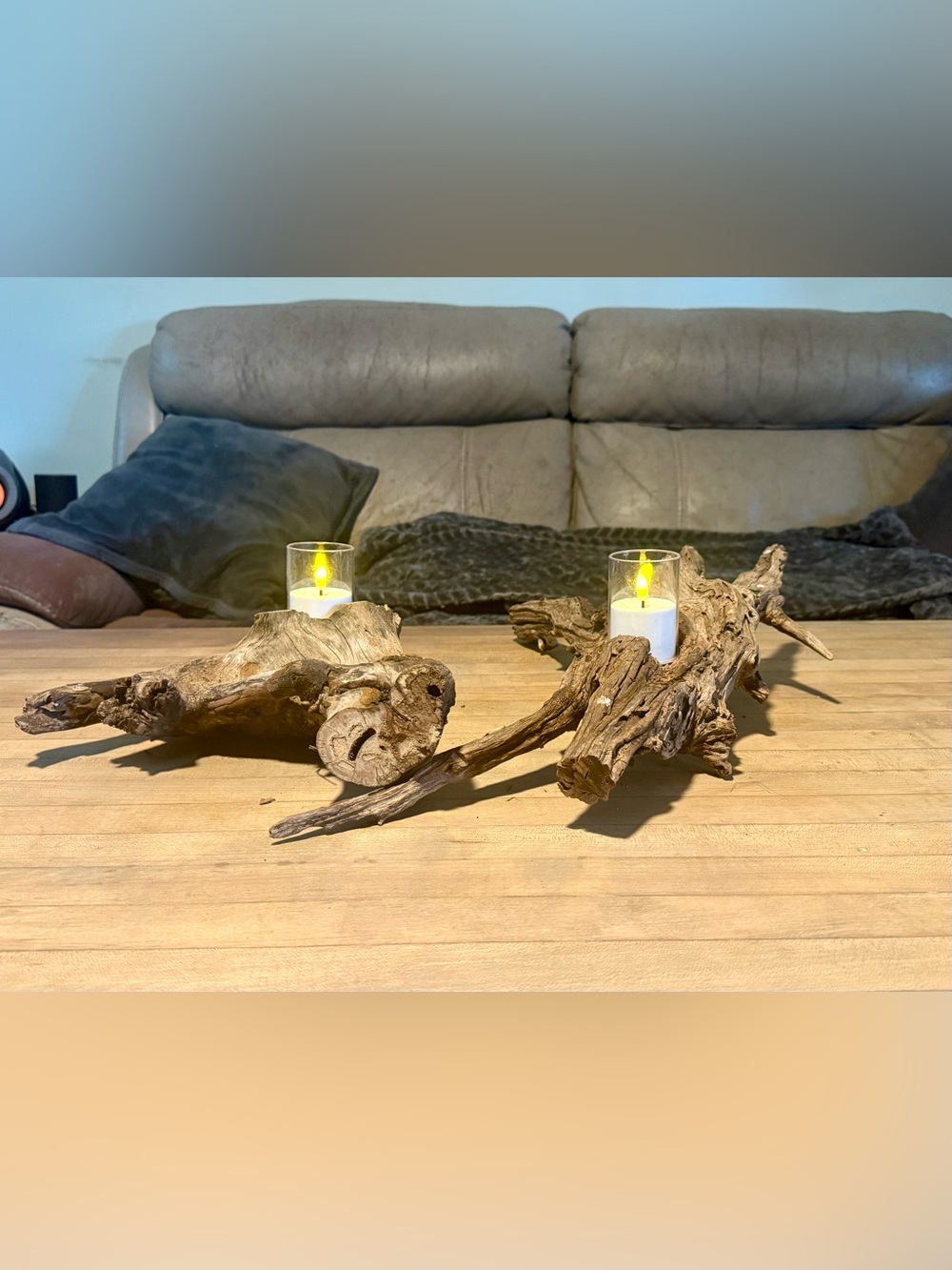 Handcrafted Ocean Driftwood 2 Piece LED Candle Centerpiece